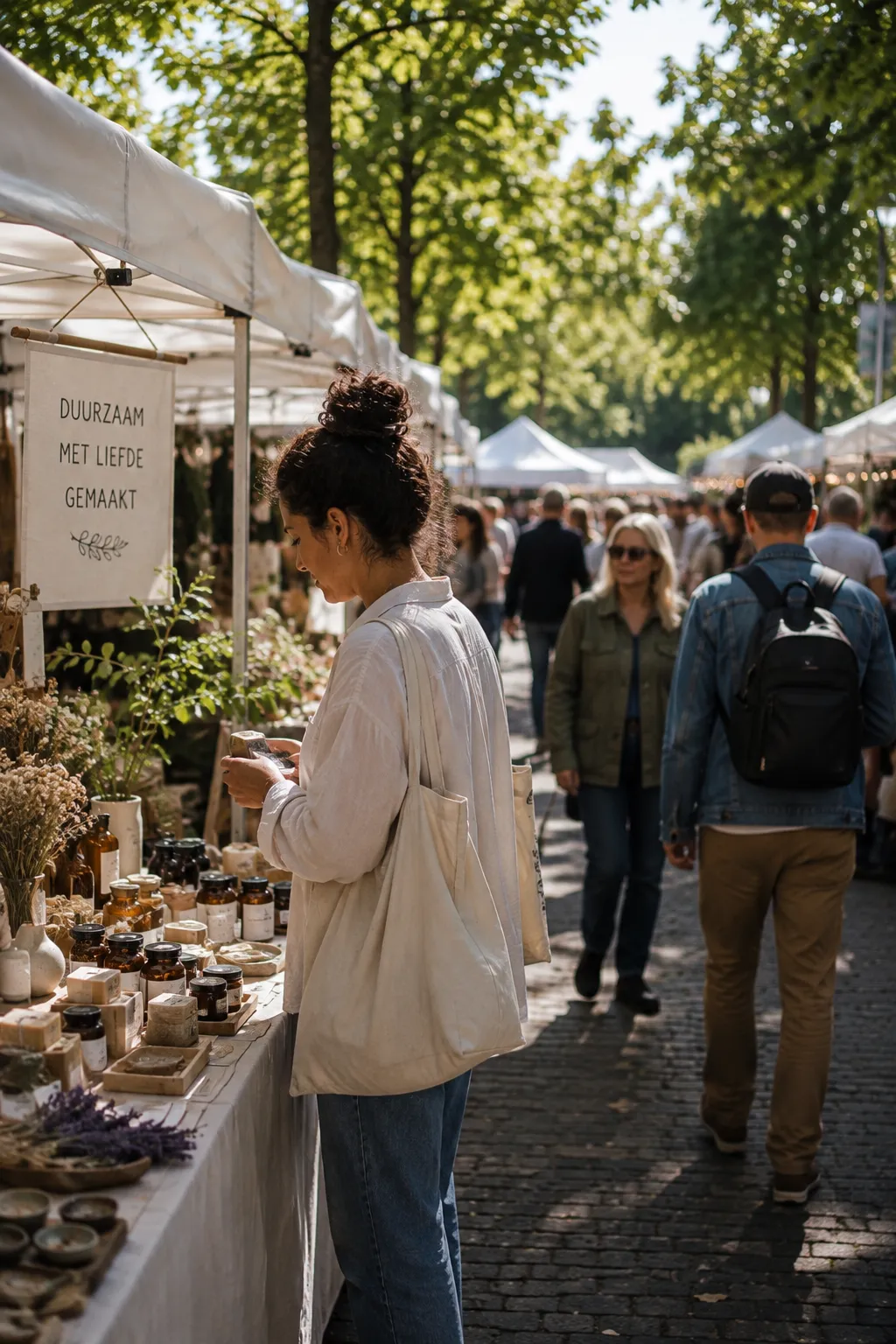Sfeerimpressie: bezoeker bekijkt handgemaakte producten bij een kraam met het doek 'Duurzaam met liefde gemaakt'